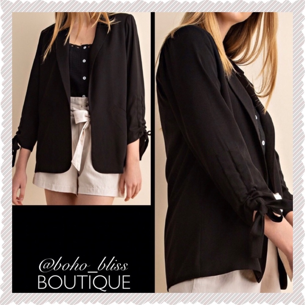 Black Bow Cinch Sleeve Open Front Blazer Jacket NWT